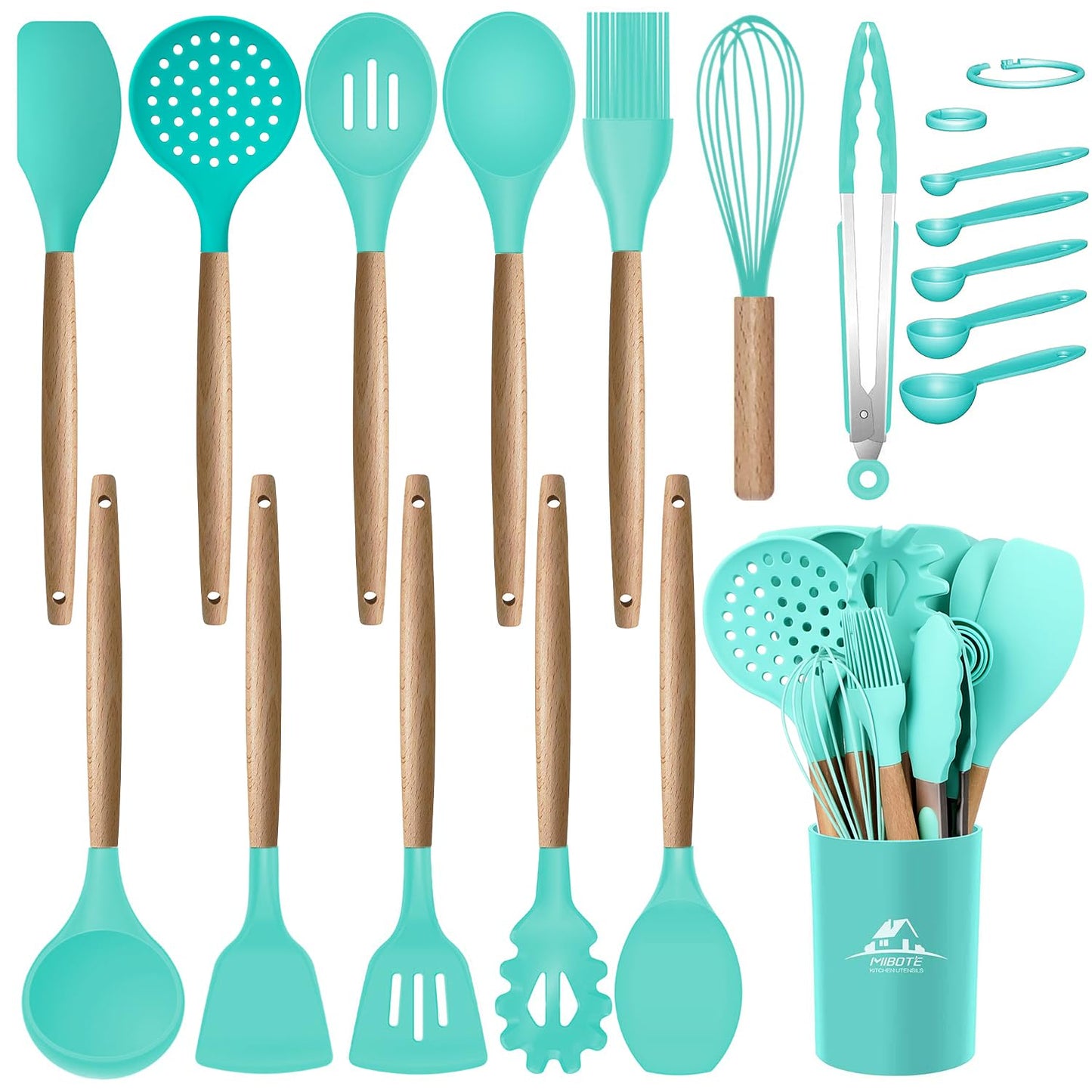 MIBOTE Silicone Cooking Kitchen Utensils Set with Holder, Wooden Handles Cooking Tool BPA Free Turner Tongs Spatula Spoon Kitchen Gadgets Set for Nonstick Cookware (Teal)