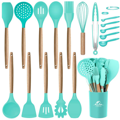 MIBOTE Silicone Cooking Kitchen Utensils Set with Holder, Wooden Handles Cooking Tool BPA Free Turner Tongs Spatula Spoon Kitchen Gadgets Set for Nonstick Cookware (Teal)