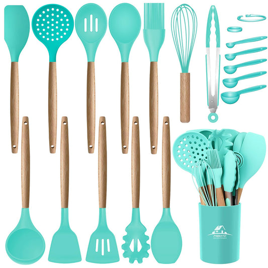 MIBOTE Silicone Cooking Kitchen Utensils Set with Holder, Wooden Handles Cooking Tool BPA Free Turner Tongs Spatula Spoon Kitchen Gadgets Set for Nonstick Cookware (Teal)