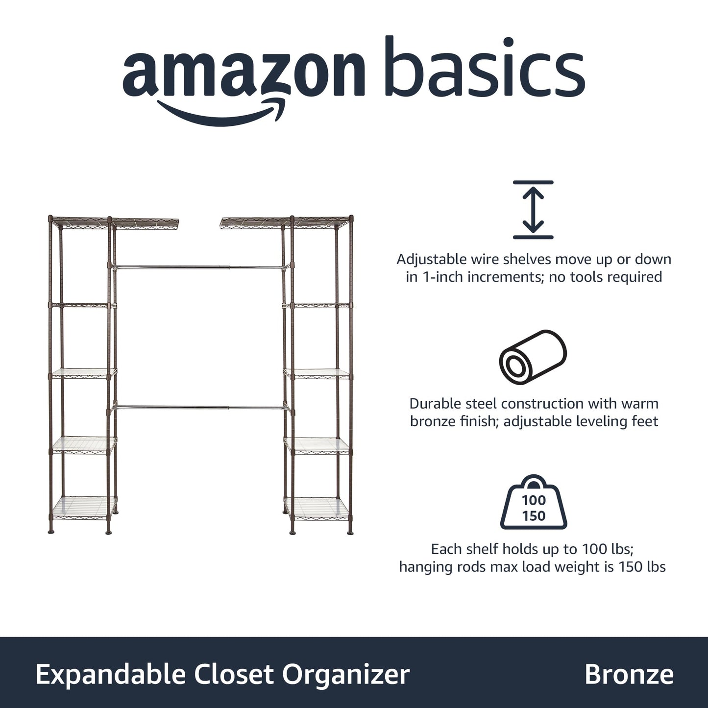 Amazon Basics Expandable Metal Hanging Closet Organizer and Storage Rack Wardrobe with Shelves, 57-80''L x 14''W x 72''H, Bronze