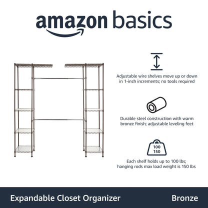 Amazon Basics Expandable Metal Hanging Closet Organizer and Storage Rack Wardrobe with Shelves, 57-80''L x 14''W x 72''H, Bronze