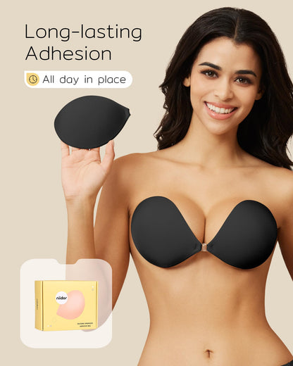 Niidor Adhesive Bra Strapless Sticky Invisible Push up Silicone Bra for Backless Dress with Nipple Covers (A Cup) Black
