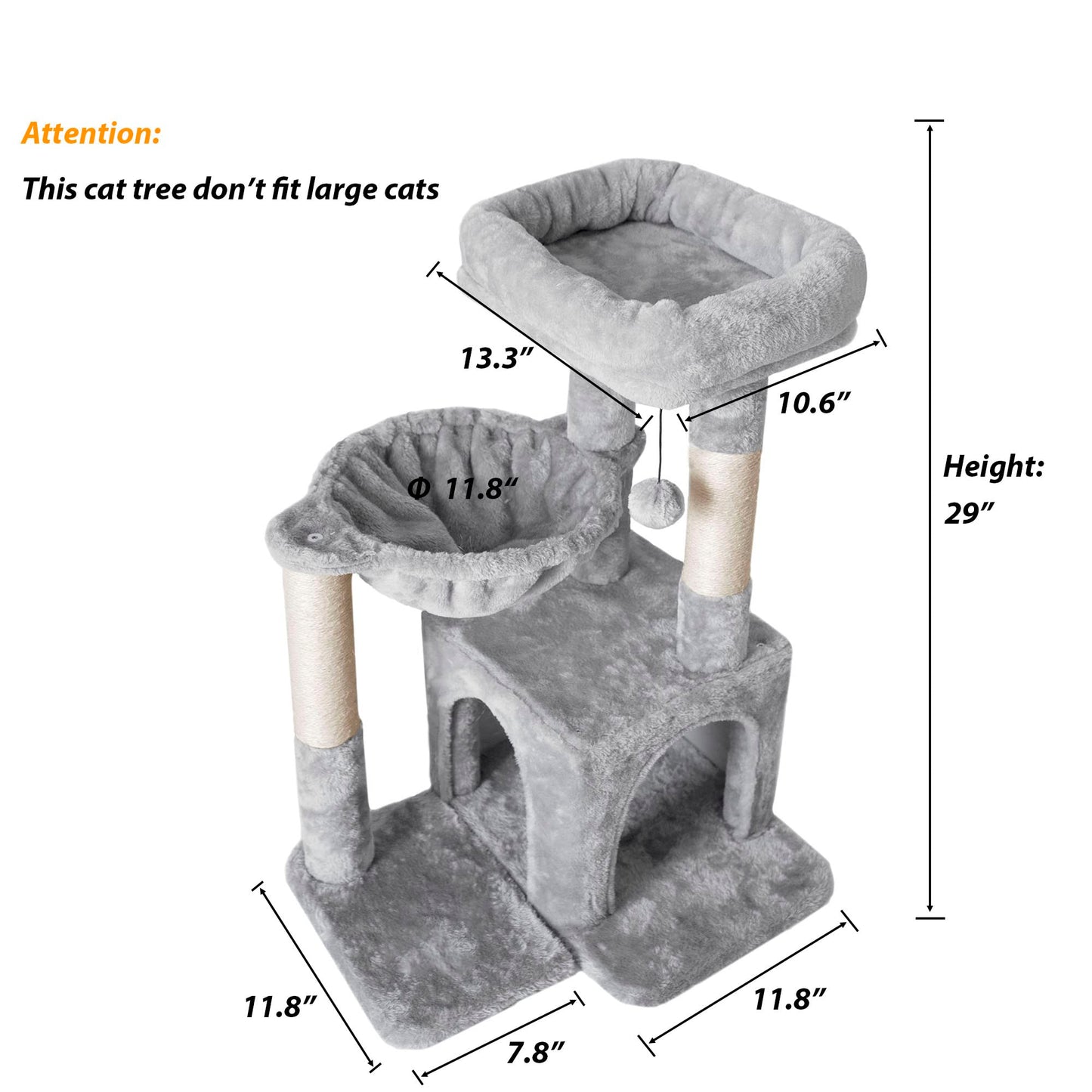 Pesofer Cat Tree, Small Cat Tower with Sisal Scratching Post and Hammock Light Gray