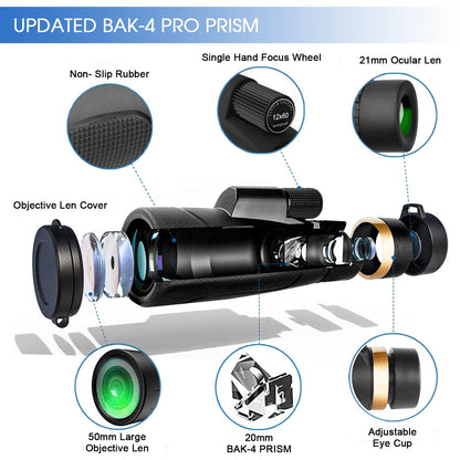 12x60 Monocular Telescope with Smartphone Holder & Upgraded Tripod, High Powered SMC & BAK4 Scope, Birthday Gifts for Men Dad Him Husband Teen, Gifts for Christmas, Outdoors Survival Hiking Gear