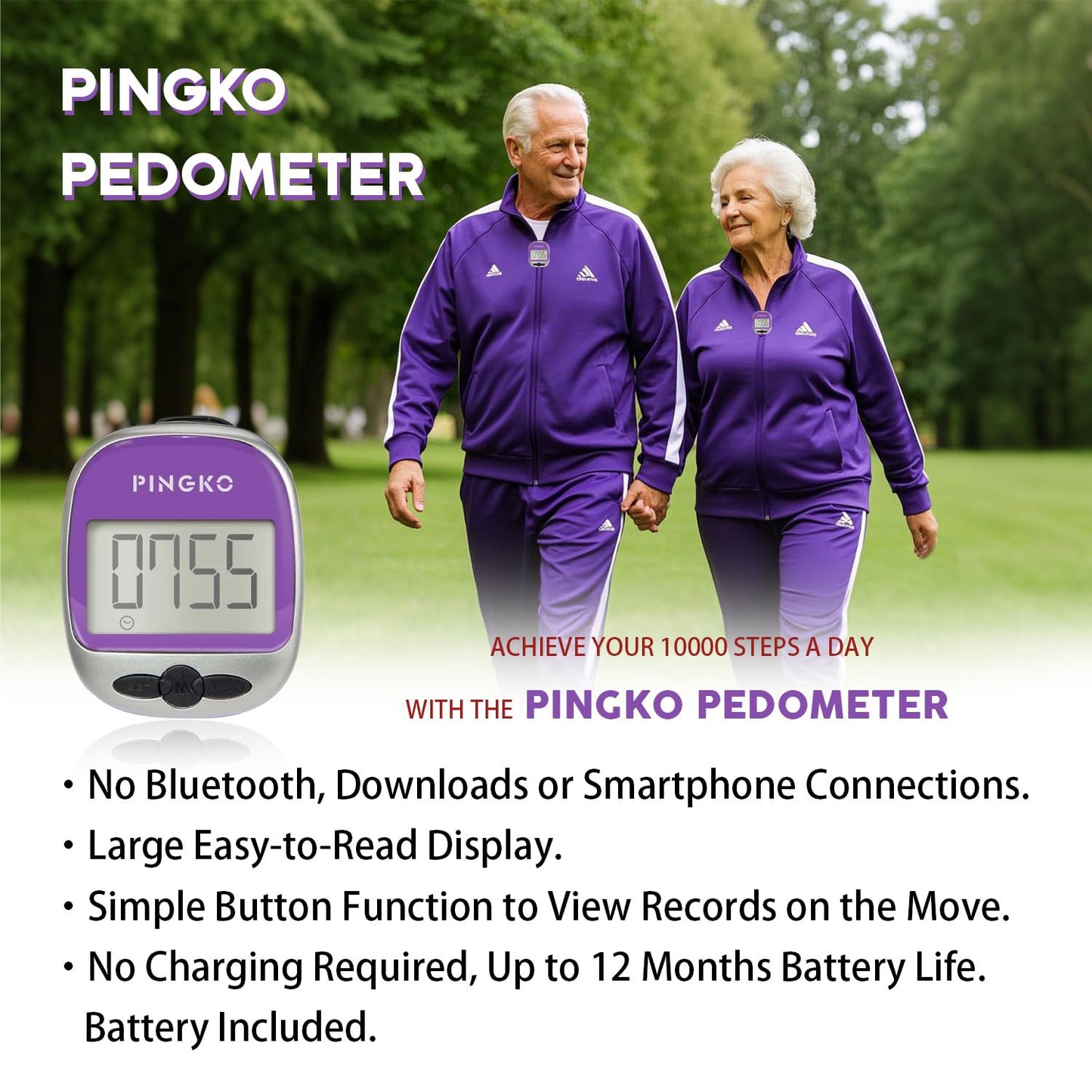 PINGKO Outdoor Multi-Function Portable Sport Pedometer Step/Distance/Calories/Counter - Purple