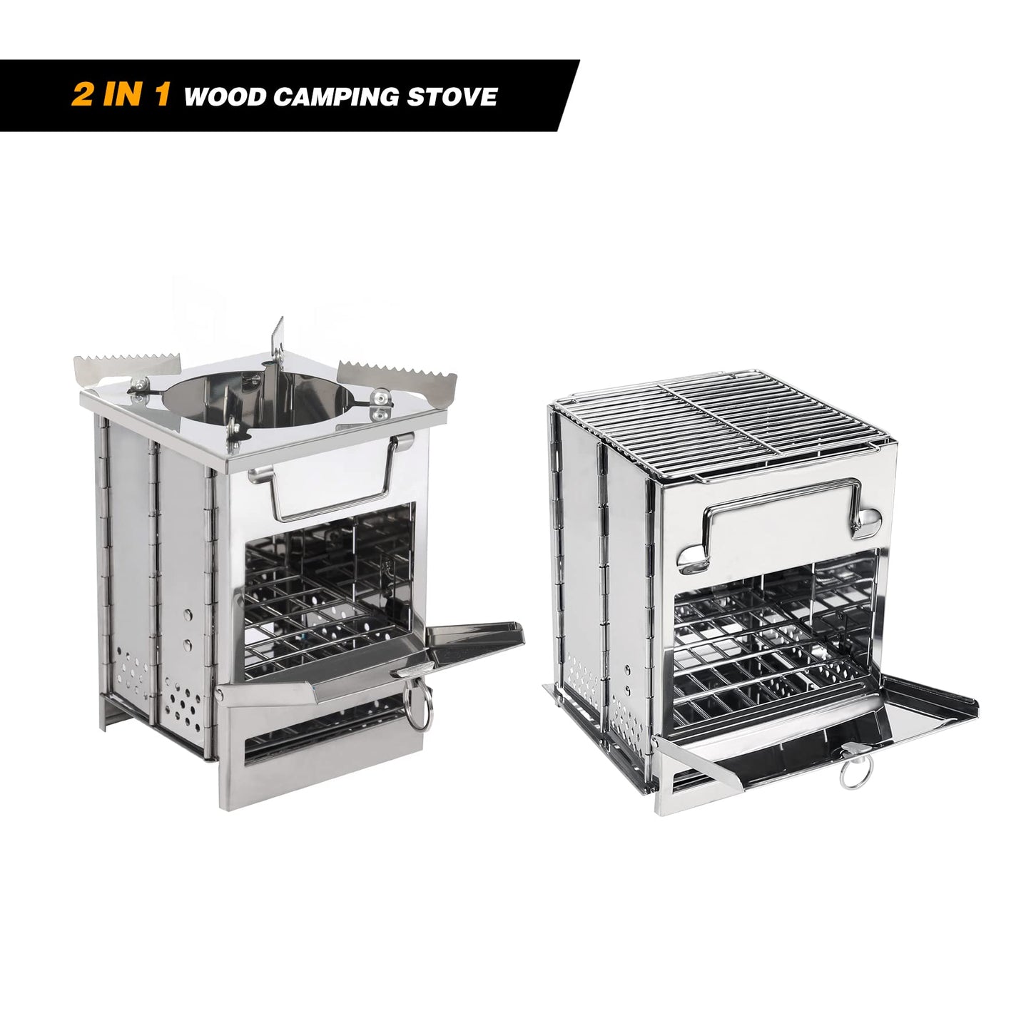 REDCAMP Wood Burning Folding Camp Stove Stainless Steel Grill and Pot Stand, Portable Collapsible Backpacking Stove Survival Rocket Stove for Hiking Outdoor Tent Camping Picnic, Largel with Pot Stand