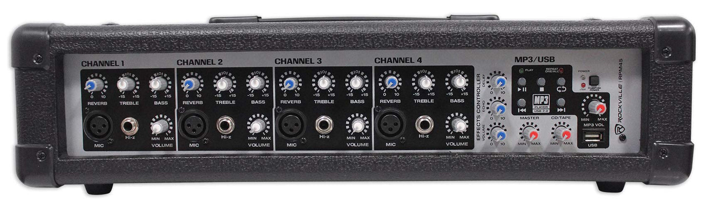 Rockville RPM45 1800w Powered 4-Channel Mixer Amplifier, USB, Effects, Phantom Power, Durable Wooden Enclosure, Compact Design, for Musicians and Small Venues