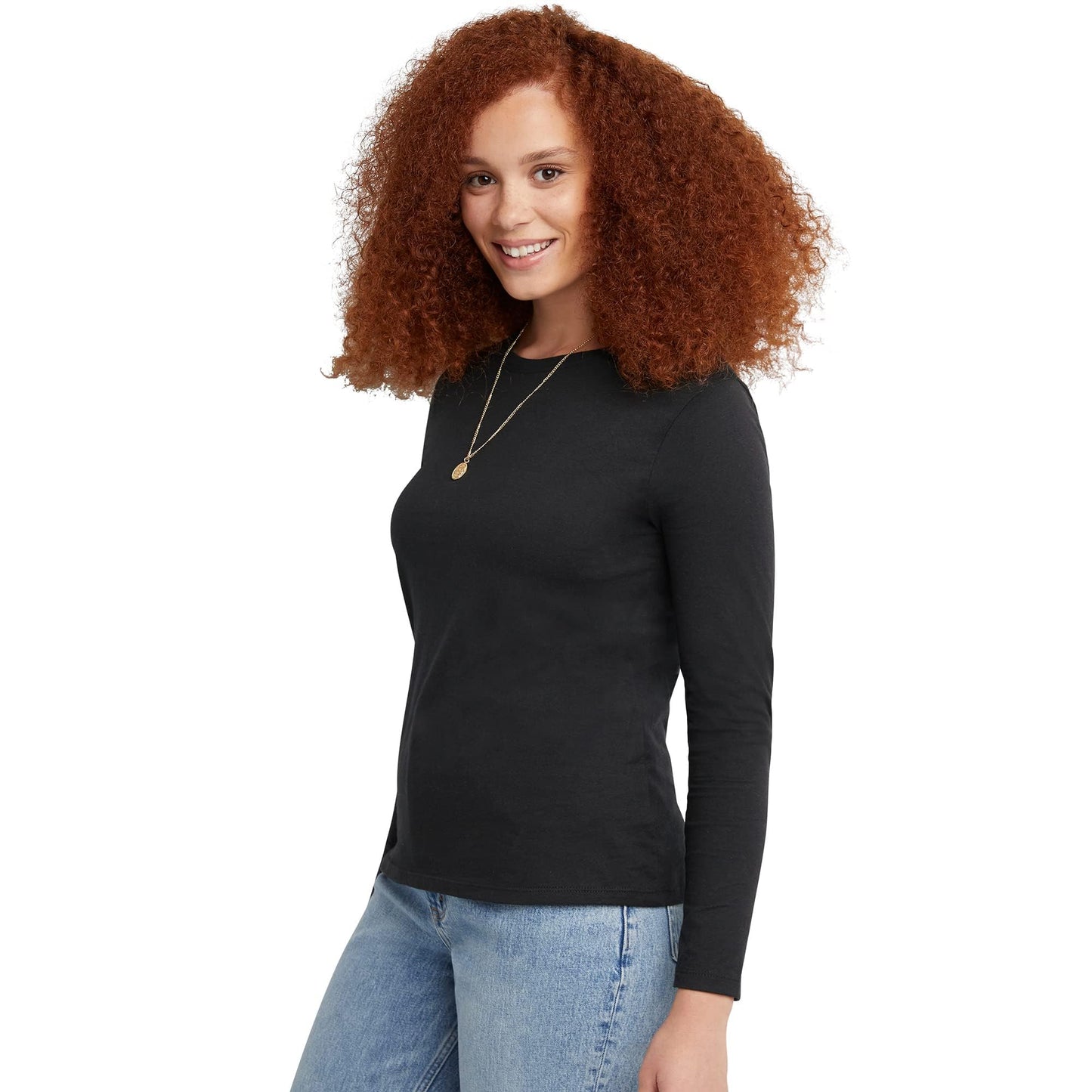 Hanes Long Sleeve Cotton T-Shirt, Lightweight Crewneck Tee for Women, Modern Fit, Ebony, Large