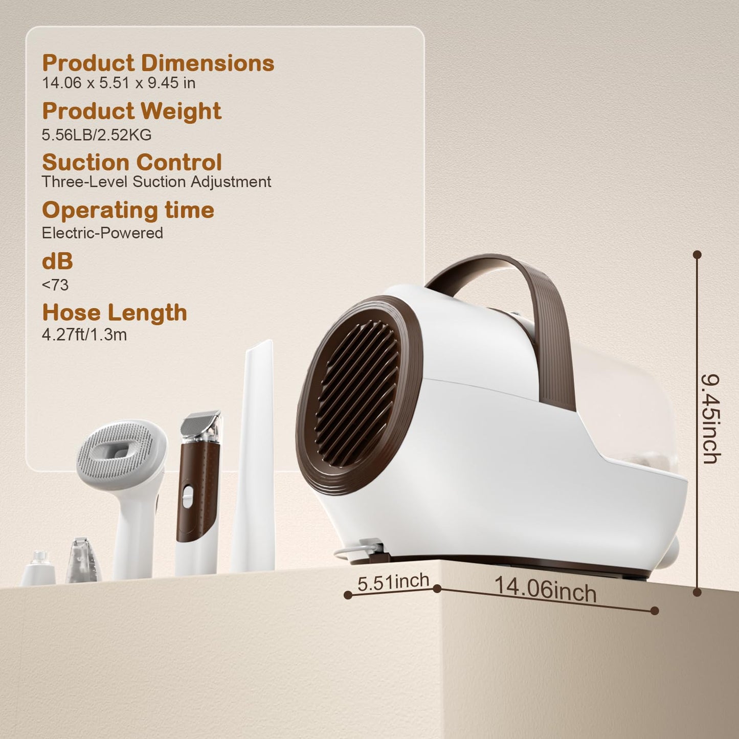 Ozumek Dog Grooming Vacuum, Dog Grooming Kit with Pet Clipper Nail Grinder, 3 Suction Modes Dog Brush Vacuum with 6 Pet Grooming Tools (Brown)