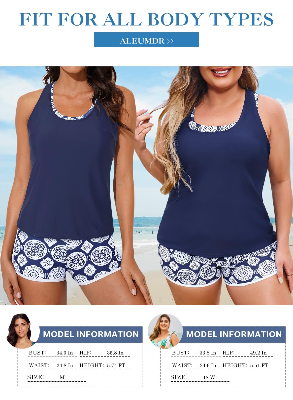 Aleumdr Three Piece Tankini Swimsuits for Women Athletic Bathing Suits Swim Tank Tops with Sports Bra and Boyshorts Bathing Suits Blue Small