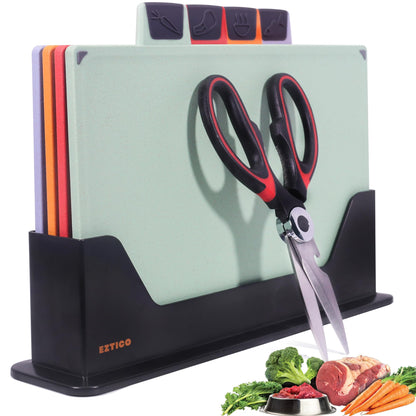 EZTICO 4-Piece Non-Toxic Cutting Board Set with Premium Scissors – BPA-Free Plastic and Rubber Chopping Boards for Kitchen Essentials with Organizer, Dishwasher Safe Accessories Holder.