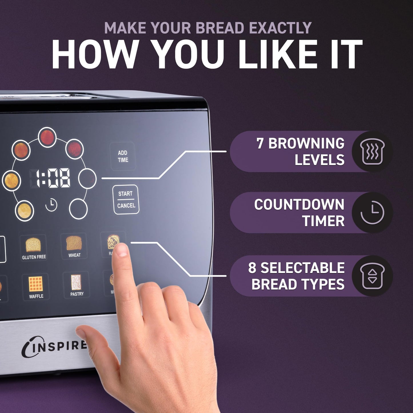 Inspirex Touch Screen Display Smart Toaster, 2 Slice with 8 Bread Type and 7 Browning Modes, Automatic Lowering and Raising, Digital Countdown, Modern Style, Stainless Steel