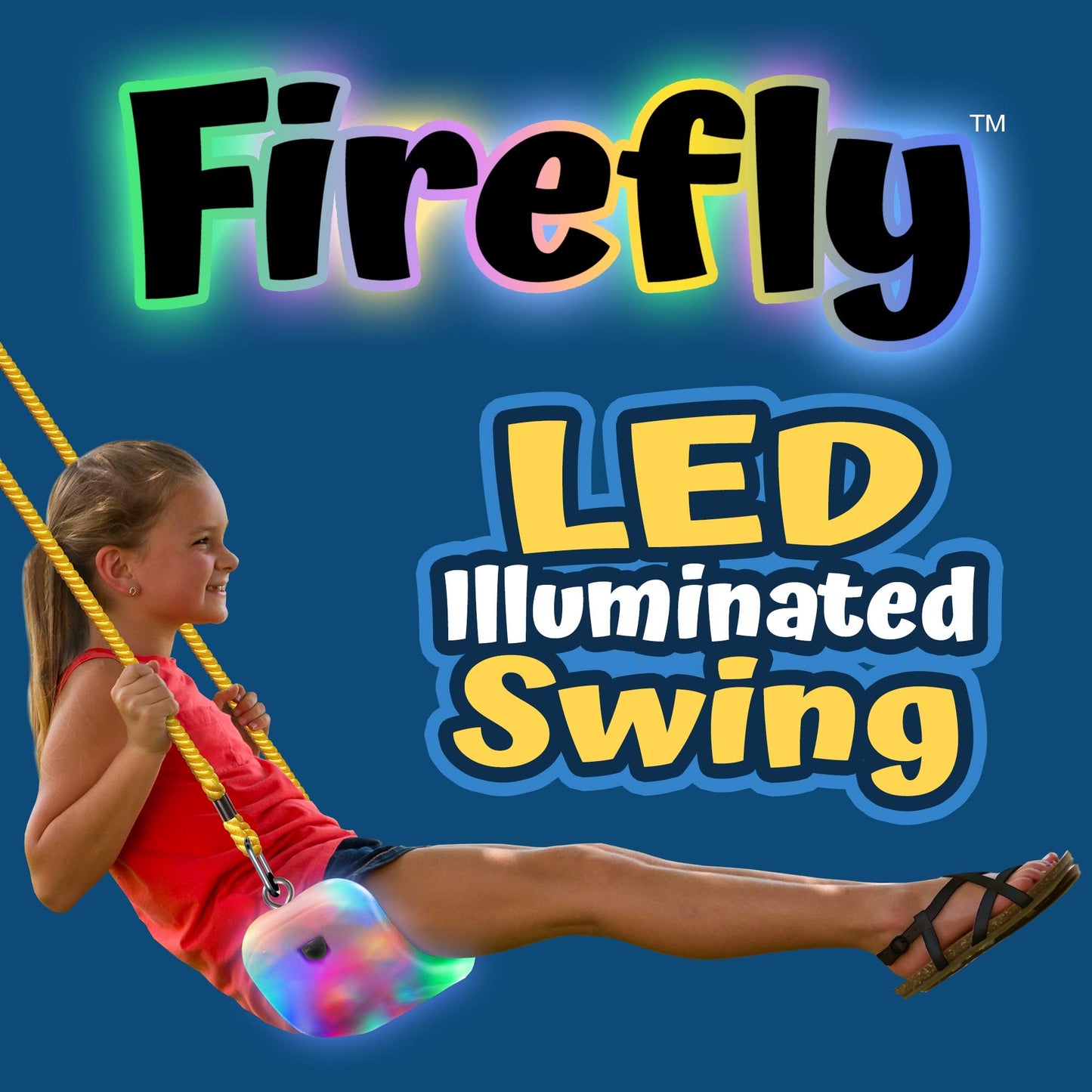 Firefly LED Light Up Swing Seat with Adjustable Rope and Chain. 24 Lights Illuminate in Day or Night. Outdoor/Indoor Use. 150lb User Capacity. 15" W x 6" Deep x 5" H, by XDP Recreation a USA Company