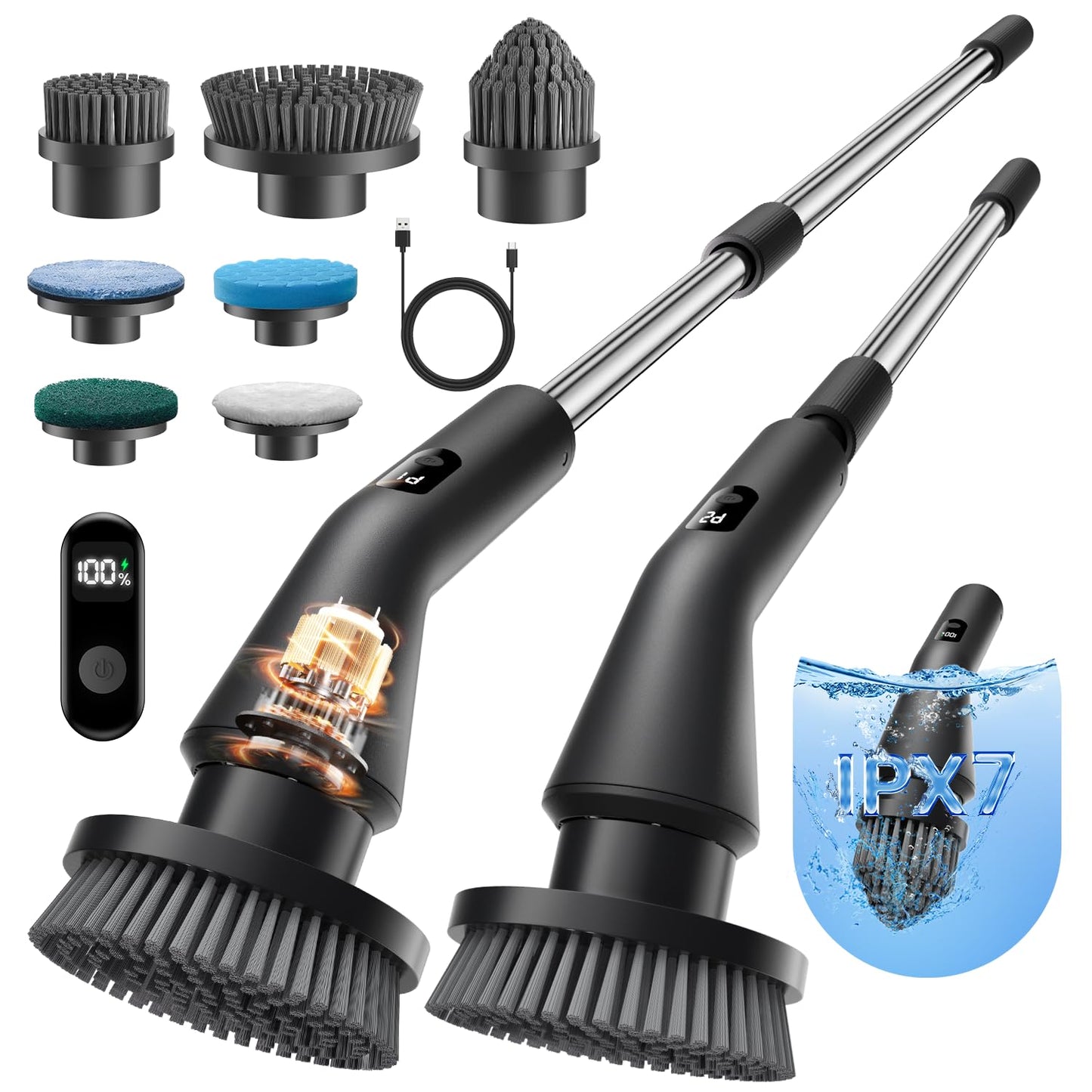 Leebein Electric Spin Scrubber, 2025 New Cordless Cleaning Brush Bathroom Scrubber, IPX7 Waterproof Shower Scrubber with 7 Brush Heads, Extendable Long Handle and 2 Speeds Scrubber for Bathtub Floor