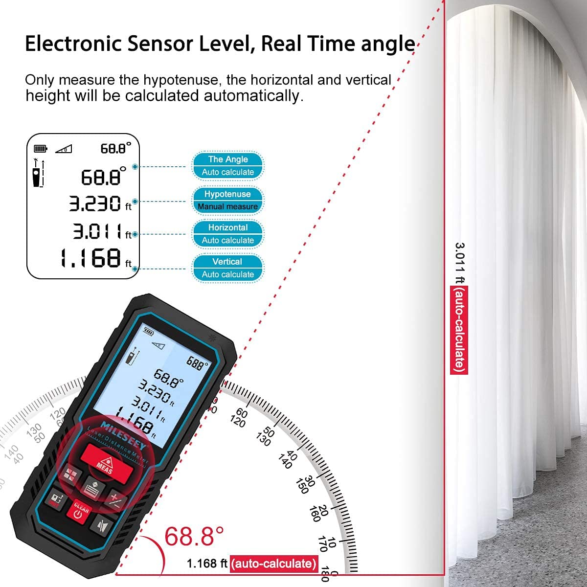 Laser Measure Device, MiLESEEY 229ft Digital Laser Tape Measure with Upgrade Electronic Angle Sensor, 2mm Accuracy, Area Measurement,Volume and Pythagoras, 2" LCD Backlit,Mute, Battery Included