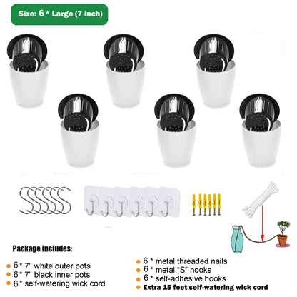 6 Pack White Hanging Planter Pots Self Watering Vertical Garden Wall Mount Window Hang Round Plastic Container Indoor Outdoor for Plants Flowers Succulent Kitchen Living Herbs Holder Decor(Large)