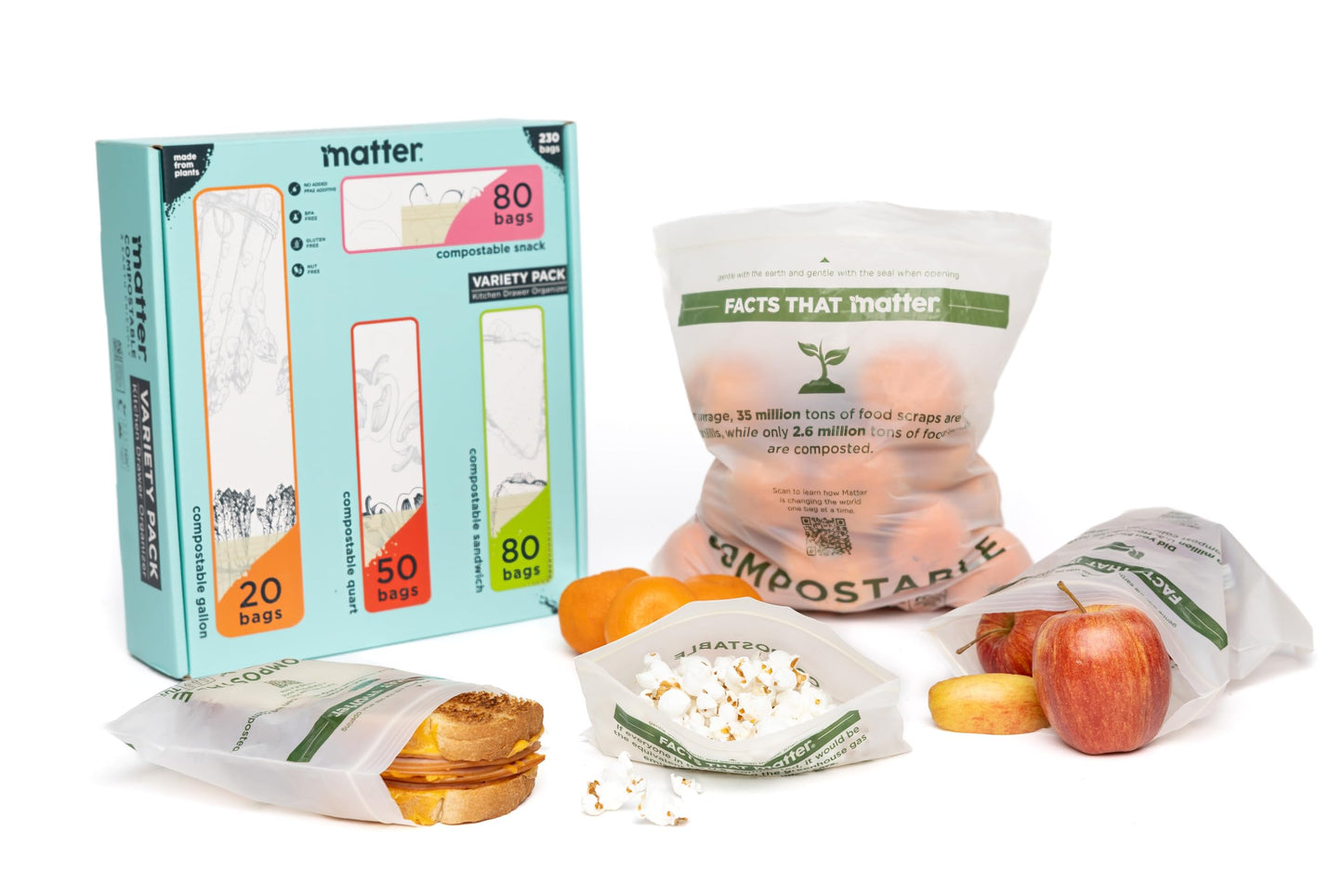 Matter Compostable Assorted Kitchen Bags, 230 Count, Biodegradable, Eco-Friendly Resealable Food Storage Variety Pack, 80 Snack, 80 Sandwich, 50 Quart & 20 Gallon