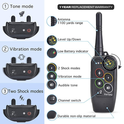 PetSpy M686 Premium Dog Training Shock Collar, 1100 Yards, Medium to Large Dogs, with Vibration, Electric Shock and Beep, Waterproof, Remote Trainer (Two Dogs)