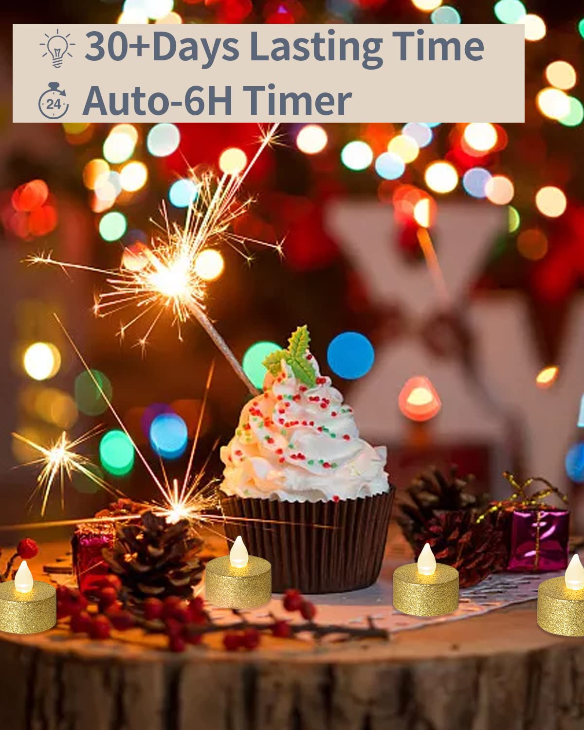 LOGUIDE Battery Operated LED Tea Lights,24 Pack Gold Flameless Votive Tealights Candle with Warm White Flickering light, Small Electric Fake Tea Candle Realistic for Wedding,Table,Festival Celebration