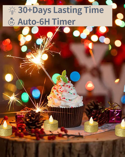 LOGUIDE Battery Operated LED Tea Lights,24 Pack Gold Flameless Votive Tealights Candle with Warm White Flickering light, Small Electric Fake Tea Candle Realistic for Wedding,Table,Festival Celebration