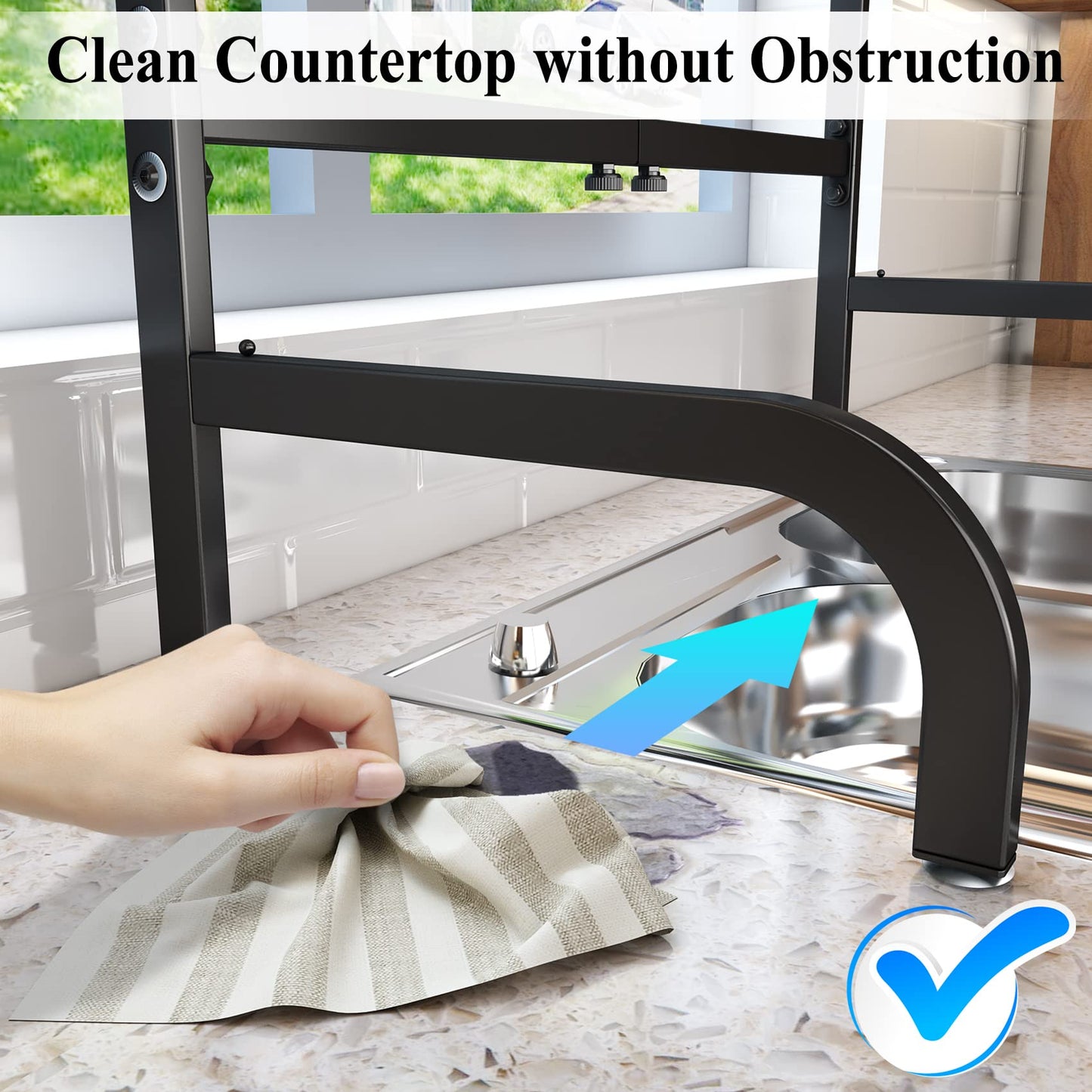 Over The Sink Dish Drying Rack, Adjustable (25.5 to 33.5 inch) 2 Tier Metal Steel Dish Drying Racks for Kitchen Counter with Hooks Paper Towel Utensil Cup Holder Sink Caddy (Black)