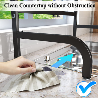 Over The Sink Dish Drying Rack, Adjustable (25.5 to 33.5 inch) 2 Tier Metal Steel Dish Drying Racks for Kitchen Counter with Hooks Paper Towel Utensil Cup Holder Sink Caddy (Black)