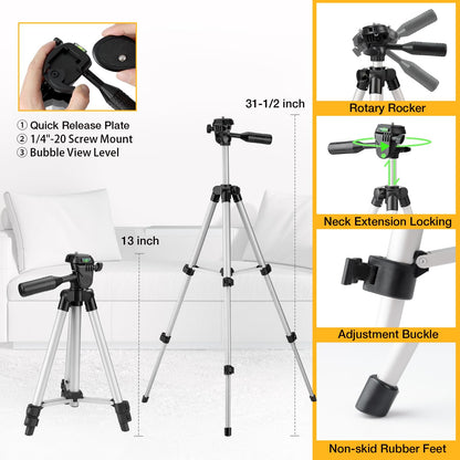 PREXISO Laser Level with Tripod, 65Ft Self Leveling Cross Line Laser Level, Green Line leveler Tool for Hanging Pictures, Home Renovation with LED Indicator & 2 AA Batteries (31-1/2 inch Tripod)