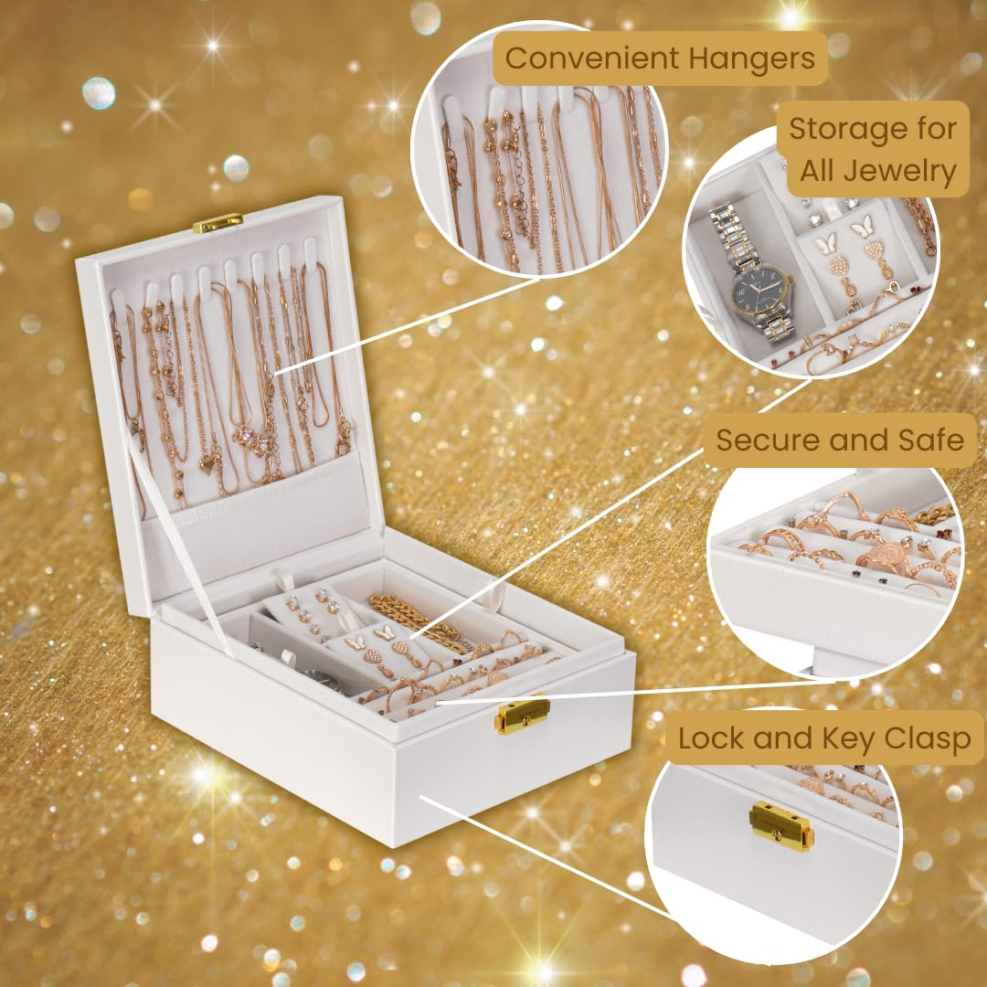 Prestige & Fancy 2 Layer Woman Jewelry Box, Jewelry Organizer For Woman, Men & Girls Large Case 8.5x7.5x3.3in | PU Leather Black Jewelry Gift Storage Boxes For Ring, Necklace & Bracelet With Lock