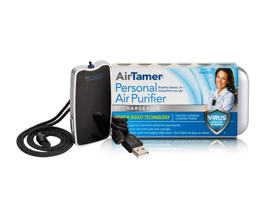 AirTamer A310 Rechargeable Personal Air Purifier, Proven Performance, Virus and Pollutant Tested*, Black with Metal Travel Case