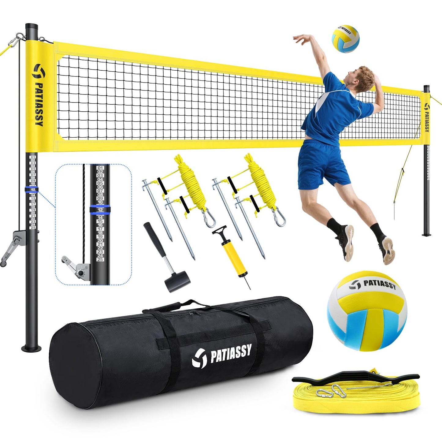 Patiassy Portable Professional Outdoor Volleyball Net Set with Winch System, Adjustable Height Aluminum Poles, Volleyball with Pump and Carrying Bag for Backyard Beach
