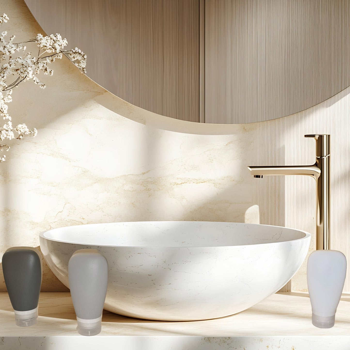 LYOB Travel Bottles for Toiletries, TSA Approved 3oz Leak Proof Silicone Refillable Squeeze Travel Size Containers BPA Free for Cleansers, Lotions, Shampoo 3-pk (Black-Gray-White)