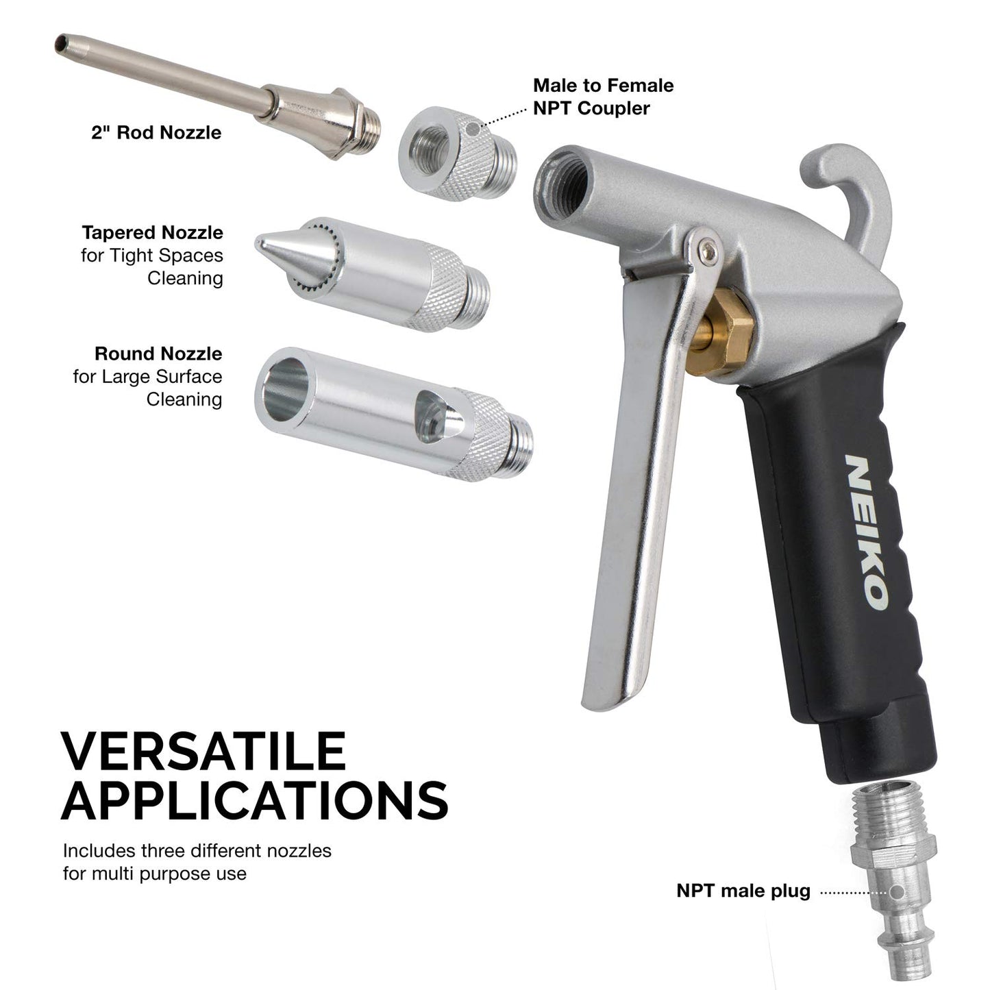NEIKO 31121A High Flow Air Blow Gun | 3 Pc Pneumatic Air Nozzle | Dust Gun | Air Gun Compressor Accessories | ¼”