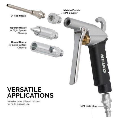 NEIKO 31121A High Flow Air Blow Gun | 3 Pc Pneumatic Air Nozzle | Dust Gun | Air Gun Compressor Accessories | ¼”