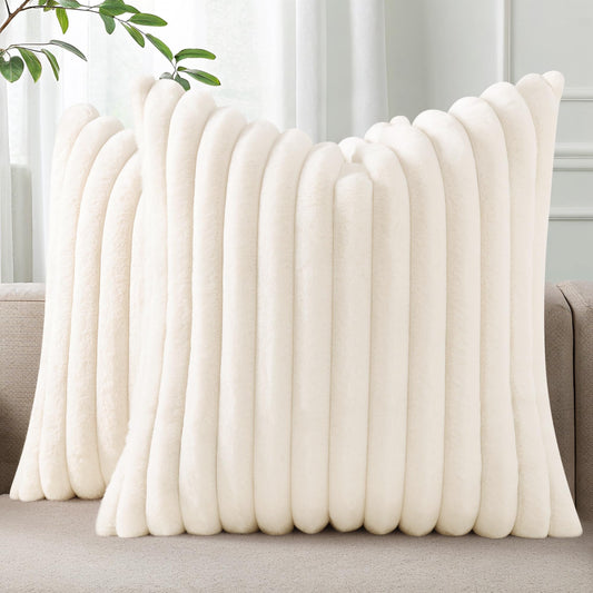 Pallene Faux Fur Plush Fall Throw Pillow Covers 18x18 Set of 2, Luxury Soft Fluffy Striped Decorative Pillow Covers for Sofa, Couch, Living Room, Cream White