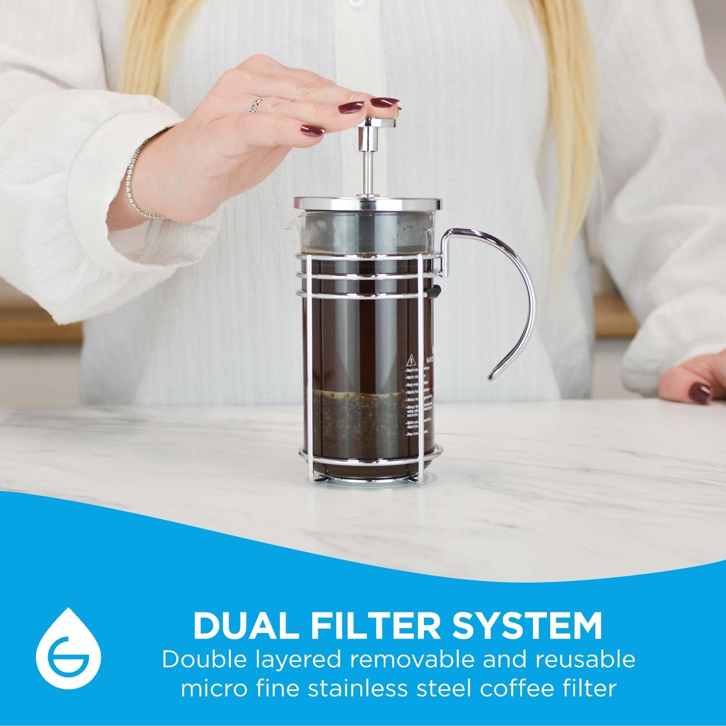 GROSCHE MADRID French Press - Premium Coffee and Tea Maker - 1.0L - 34oz - Borosilicate Glass Beaker - Dual Filter System For Rich Brew - Versatile Brewing | Stainless Steel Filter