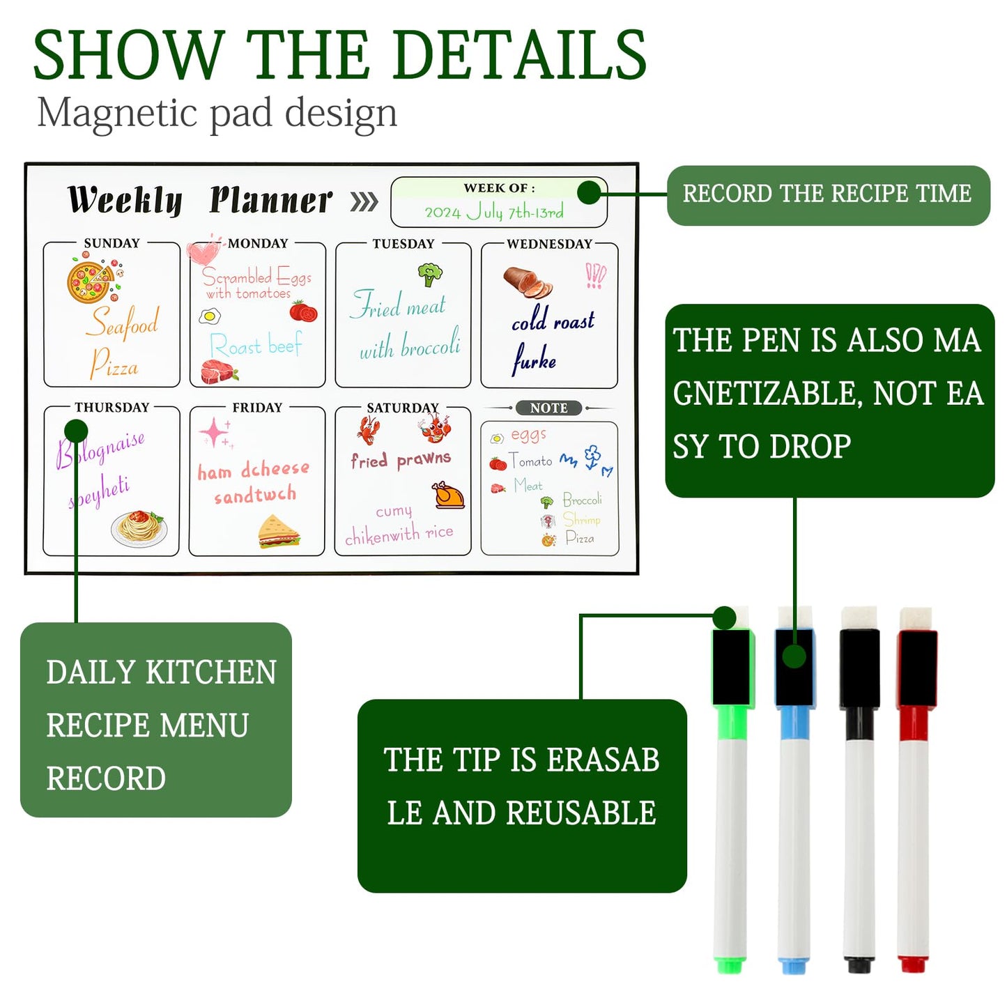 Meal Planner Magnetic Menu Board for Kitchen Fridge Planning Board Meal Planner for Fridge Weekly Meal Planner Dry Erase Calendar for Fridge Magnetic Calendar Fridge Calendar Magnet