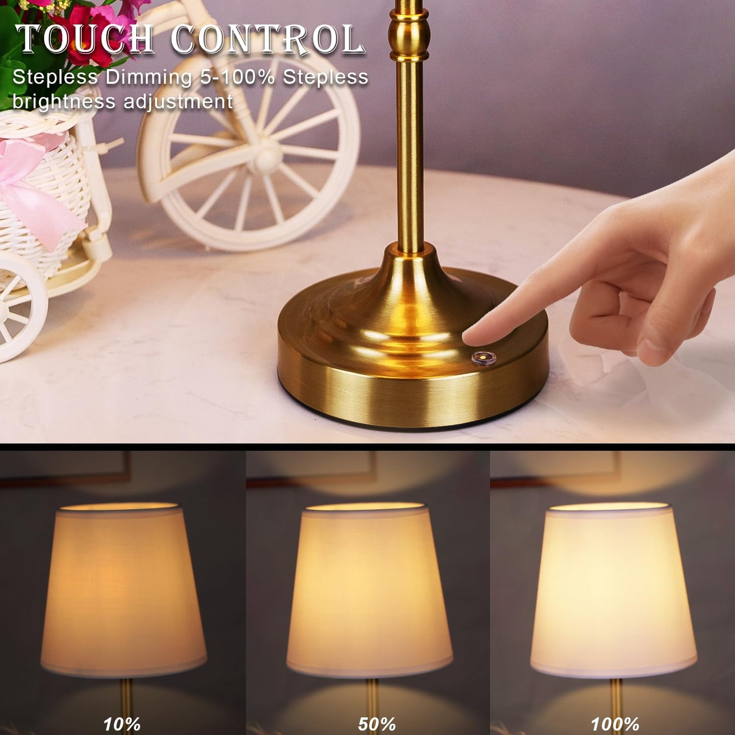 Rechargeable Battery Powered Table Lamp, Wireless LED Lamps, Cordless Touch Lamps, Stepless Dimmable Bedside Lamps, Night Lamp for Bedroom, Dinning Room, Kitchen Decor, Office (Bronze)
