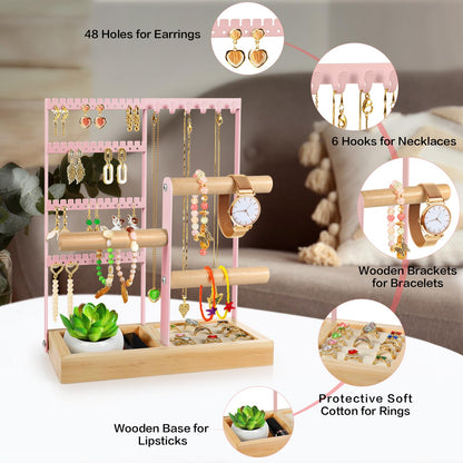 Godboat Jewelry Organizer - Earring Holder with 48 Holes, 6 Hooks Necklace Organizer, Bracelet and Ring Stand with Jewelry Box, Mothers Day Gifts for Women, Mom, Preppy Stuff & Room Decor, Pink
