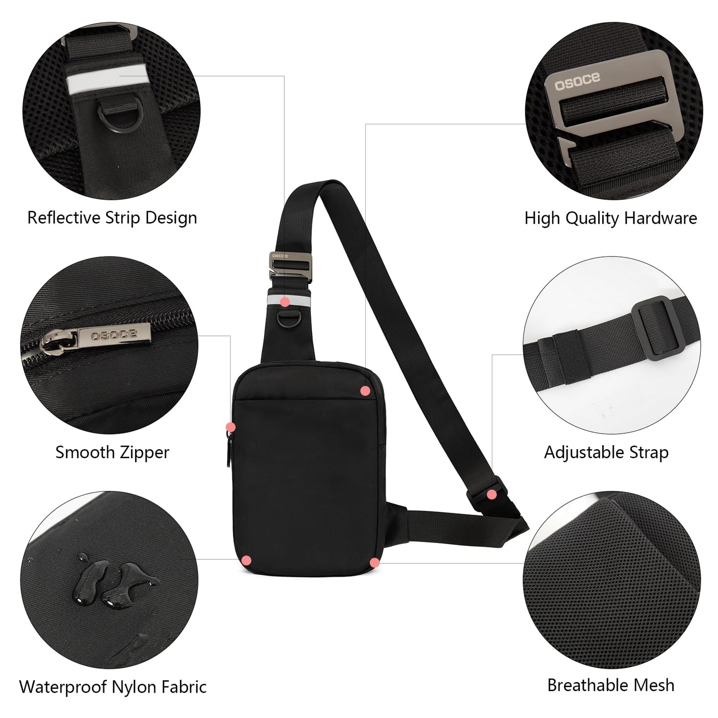 OSOCE Small Sling Bag for Men and Women with RFID Pocket, Anti Theft Crossbody Chest Bag Casual Travel Bag for Hiking,Black,Small