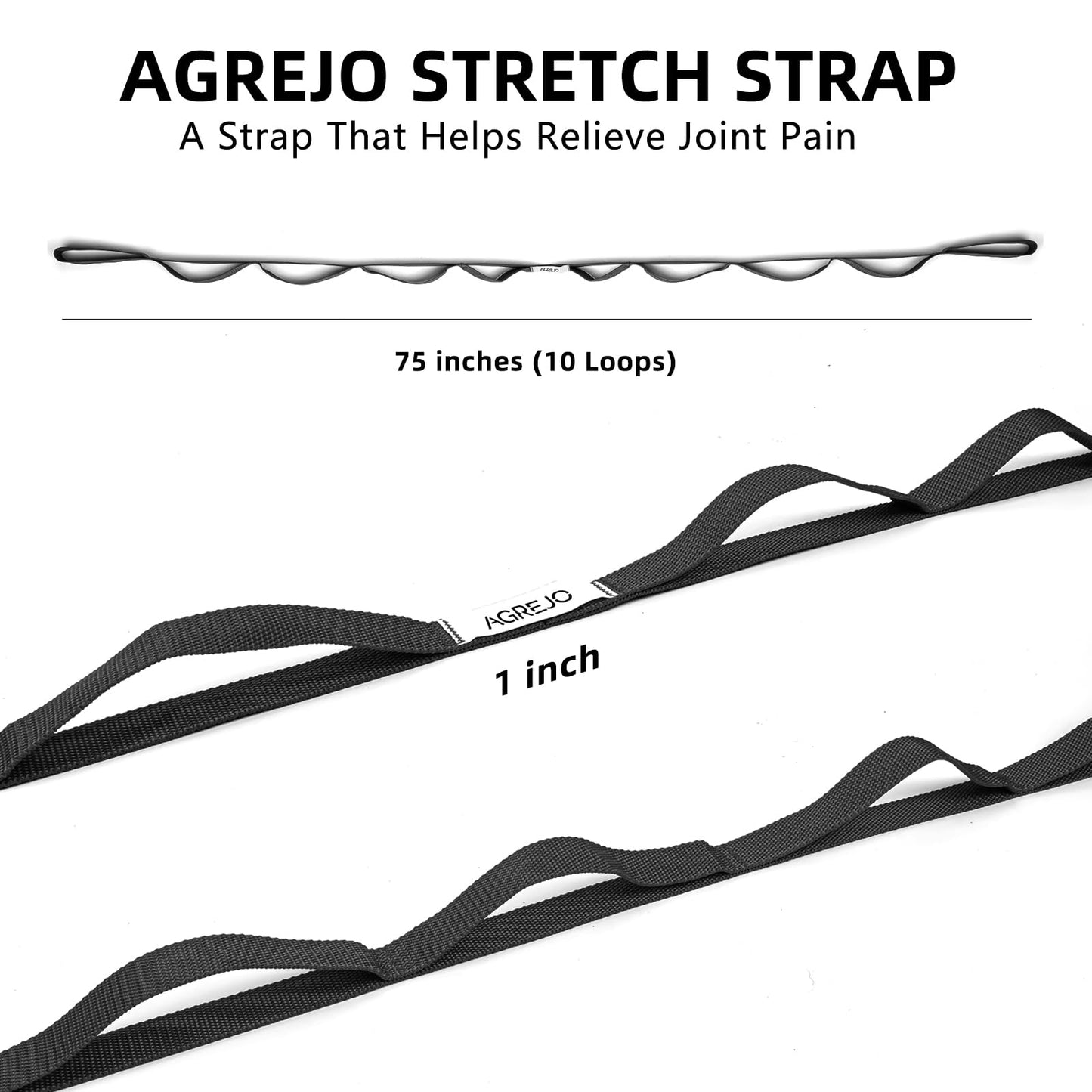 AGREJO Stretching Strap Yoga Strap Physical Therapy for Home Workout, 10 Loops Non-Elastic Stretch Band for Pilates, Flexibility, Exercise and Gymnastics (1-Pack Black)