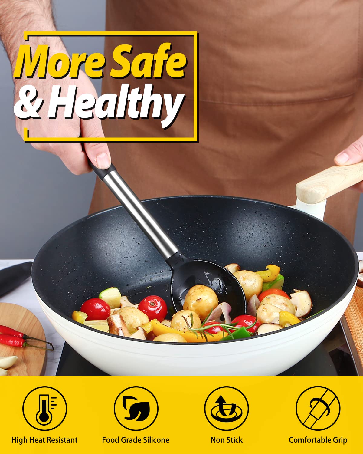 Pack of 2 Large Silicone Cooking Spoons,Non Stick Solid Basting Spoon,Heat-Resistant Kitchen Utensils for Mixing,Serving,Draining,Stirring (BLACK)