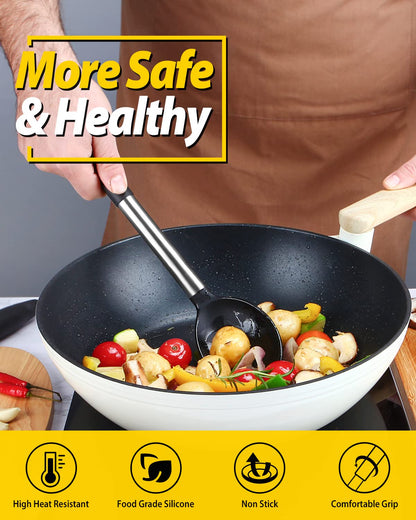 Pack of 2 Large Silicone Cooking Spoons,Non Stick Solid Basting Spoon,Heat-Resistant Kitchen Utensils for Mixing,Serving,Draining,Stirring (BLACK)