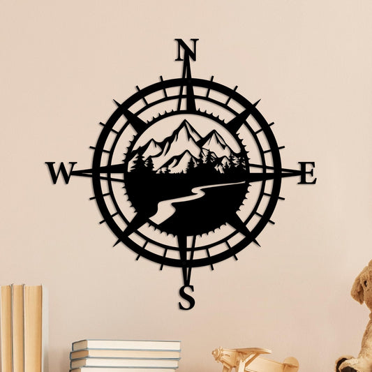 Resama Black Metal Mountain Nautical Compass Wall Decor, Forest Décorative Indoor or Outdoor Wall Hanging Art Perfect for Beach Coastal Themes