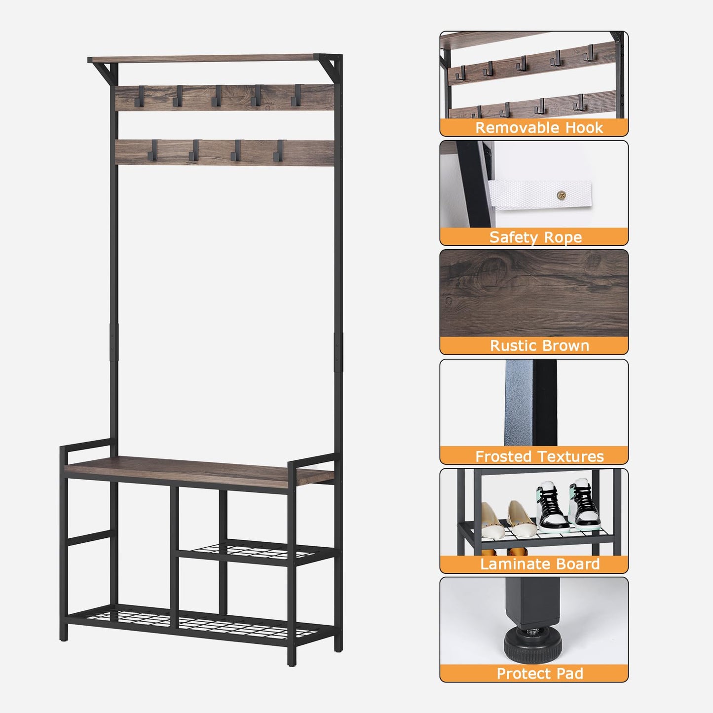 HOMEKOKO Coat Rack Shoe Bench, Hall Tree Entryway Bench with Storage, Wood Look Accent Furniture with Metal Frame, 3-in-1 Design (Dark Brown)