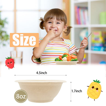 100 Pack 8oz Compostable Paper Bowls,Heavy-Duty Disposable Natural Bagasse Bowls,Biodegradable Soup Bowls,Eco-Friendly,Heat Resistant,for Ice Cream,Salad,Soup,Snack,Dessert,Pasta,Hot or Cold Use