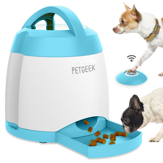 PETGEEK Dog Treat Dispenser with Button, Automatic Dog Feeder with Remote Control and Dual Power Supply, Dogs Puzzle Toys and Interactive Pet Stimulation Toys for Indoor/Outdoor Play (Blue)