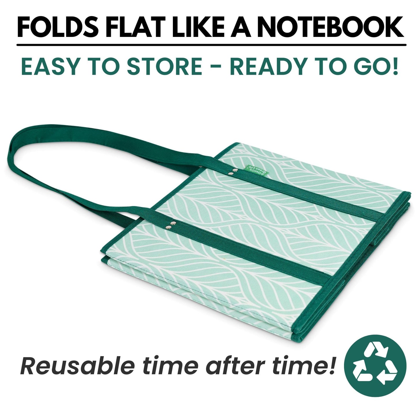 Reusable Grocery Bags (3 Pack) – Heavy Duty Reusable Shopping Bags for Groceries with Box Shape to Stand Up, Stay Open, Fold Flat – Large Tote-Bag is Foldable with Long Handles & Hard Bottom (Green)