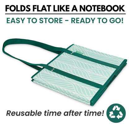 Reusable Grocery Bags (3 Pack) – Heavy Duty Reusable Shopping Bags for Groceries with Box Shape to Stand Up, Stay Open, Fold Flat – Large Tote-Bag is Foldable with Long Handles & Hard Bottom (Green)