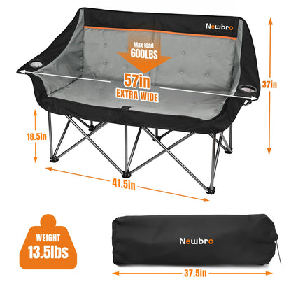 Newbro Oversized Double Camping Chair for Adults, Fully Padded Folding Camping Chairs Loveseat, Big Heavy Duty Outdoor Patio Lawn Chair with Arm Cup Holder