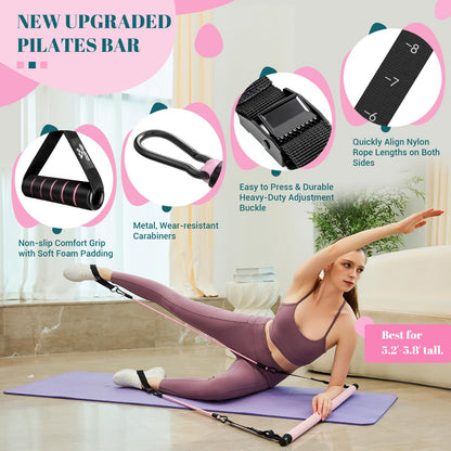 Pilates Bar Kit with Resistance Bands, Multifunctional Yoga Pilates Bar with Heavy-Duty Metal Adjustment Buckle, Portable Home Gym Pilates Resistance Bar for Women Full Body Workouts(20-150LBS)-Pink